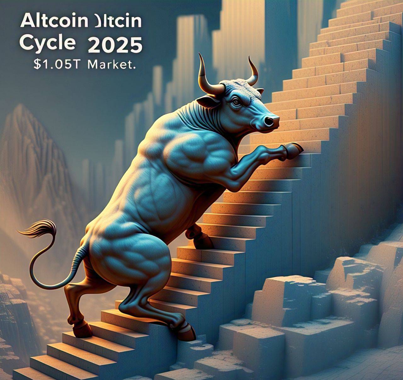 A 3D graph or artistic visual showing a bull climbing stairs or a mountain labeled "Altcoin Cycle 2025" or "$1.05T Market.