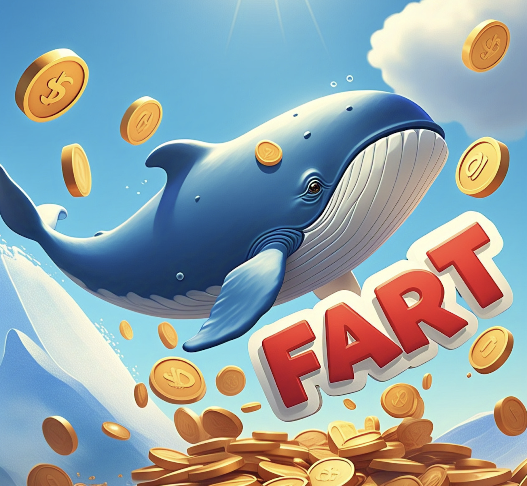 A giant cartoon whale diving into a pile of gold coins or tokens labeled “FART.”