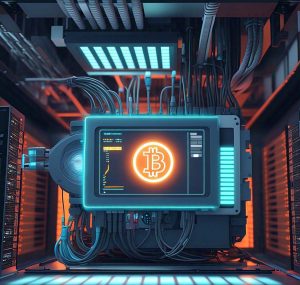 An animated candlestick chart showing Bitcoin’s price fluctuating. Add animated Bitcoin miners pulling back or pausing their sales, indicated by Bitcoin coins floating up and then disappearing (symbolizing the absence of supply). This reflects a potential shift in market dynamics.