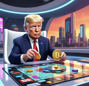 Cartoon Trump playing Monopoly at a digital game board, holding crypto coins like Bitcoin, Ethereum, and Trump-themed tokens.
