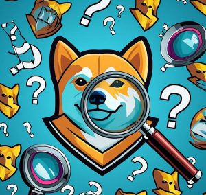 Dogecoin logo with visual elements like question marks or magnifying glasses to represent curiosity or uncertainty