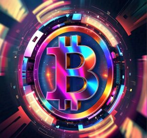 A stylized line graph showing a rising percentage trend labeled "BTC Supply in Profit" with key values like 74.8% and 87%. Minimalist design, blue and green tones, Bitcoin symbols in the background